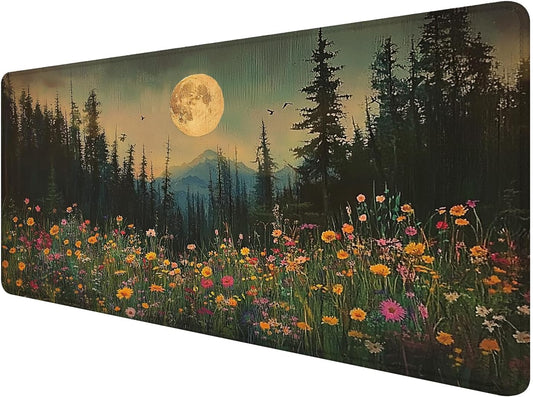 Vintage Moonlit Wildflower Floral Large Mouse Pad 31.5x15.7inch, Retro Nature Landscape Flower Large Extended Computer Desk Mat Mousepad for Keyboard and Mouse, Floral Desk Accessories