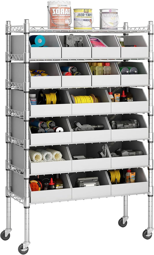 6-Tier Classics Heavy-Duty Bin Rack, Industrial Solid Steel Wire Shelving Storage Unit, Organizer with 20 Bins, Gray, for Garage/Warehouse/Kitchen/Office/Classroom