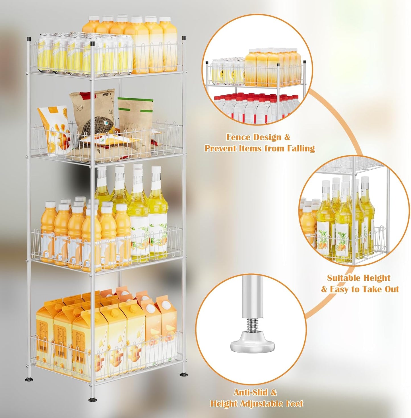 ETELI Water Bottle Holder Organizer 4 Tier Drink Can Shelf Organizer Rack for Floor Freestanding Water Bottle Rack Stand Beverage Storage Shelf for Pantry Kitchen Food Storage, Silver