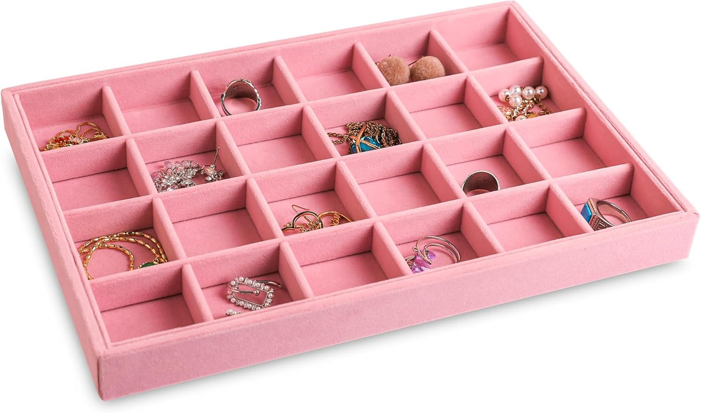 Frebeauty Stackable Velvet Jewelry Organizer Trays for Drawers Inserts Jewelry Storage Tray Display Case, Stud Earrings Bracelets Necklace Rings Accessories Trays for Women(Set of 2)(Pink)