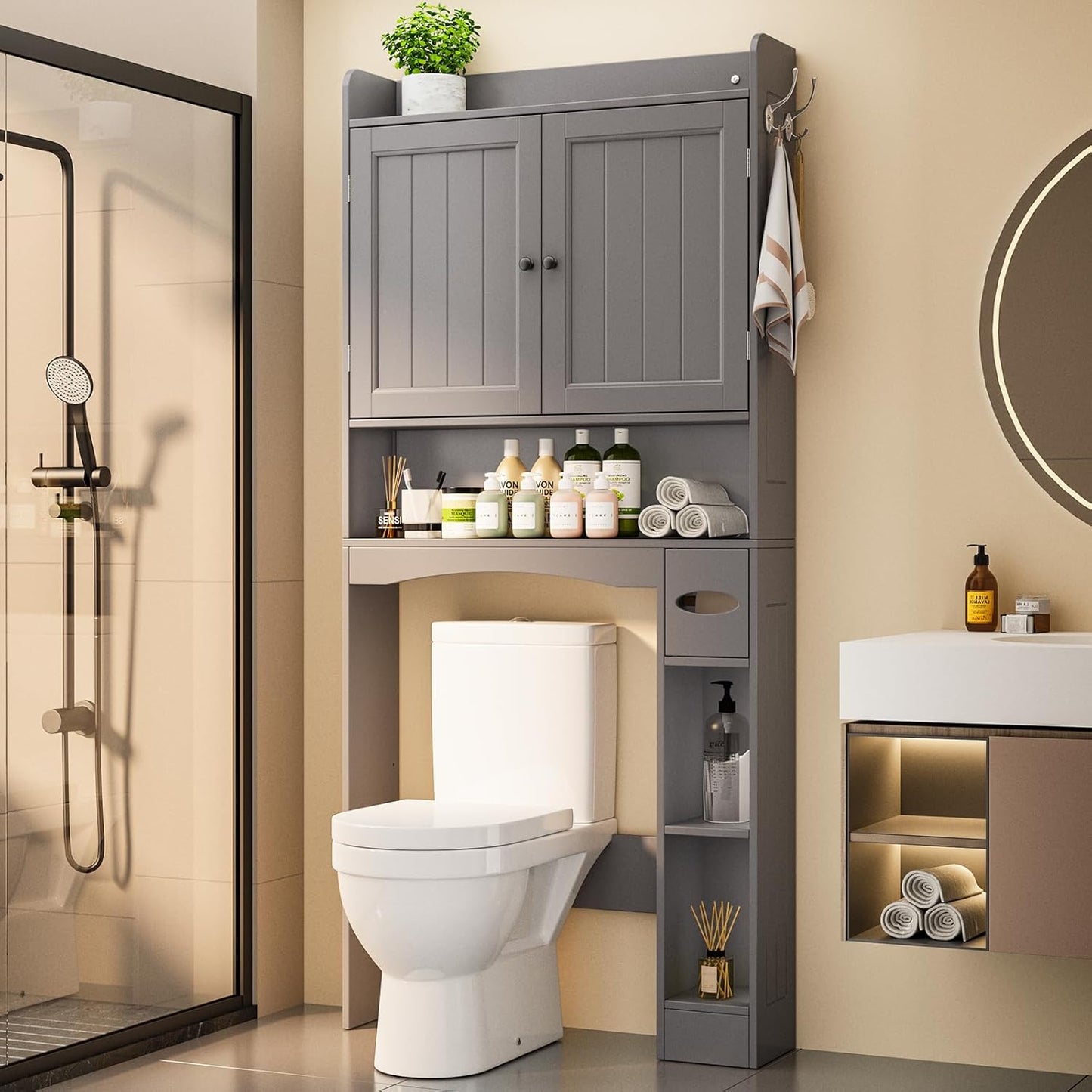 Ahomly Over The Toilet Storage Cabinet, 32.3" W Over Toilet Bathroom Organizer with Doors, Adjustable Shelves, Toilet Paper Holder, 2 Side Hooks, Space-Saver for Bathroom, Laundry, Grey