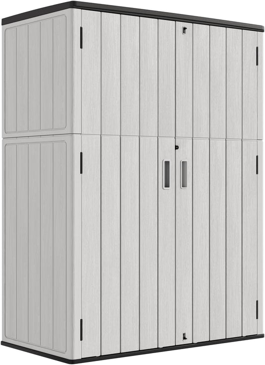 KINYING Outdoor Vertical Storage Shed,57 Cu.ft Outdoor Storage Cabinet Waterproof,Resin Sheds & Outdoor Storage for Garden,Patio,Backyard,Lockable (Grey Color)