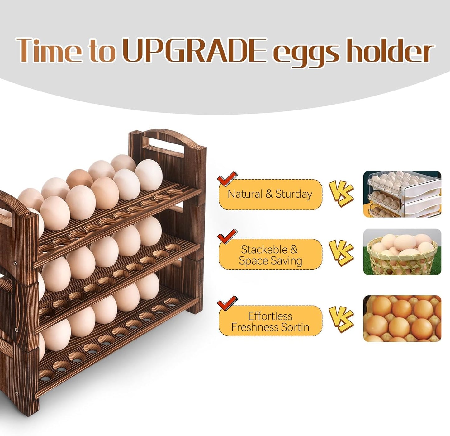 Wooden Egg Holder 3 Layer Fresh Egg Rack Holders Countertop Stackable Quail Egg Sorter Storage Trays Organizer Display Stand Kitchen Rack, Fits Duck, Turkey, Chicken Eggs,up to 36 Eggs, 3 Tier-Brown