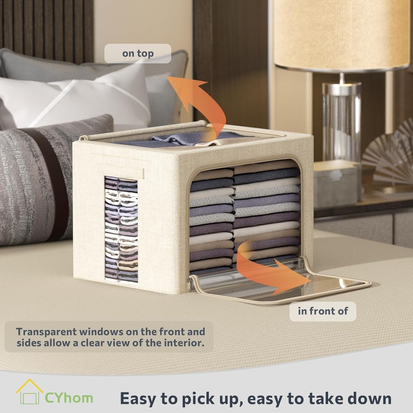 CYhom 3Pack Foldable Storage Bins - Frame Storage Box Linen Fabric Stackable Clothes Container Organizer with Clear Window & Carry Handles Large Capacity (Medium-36L, Beige)