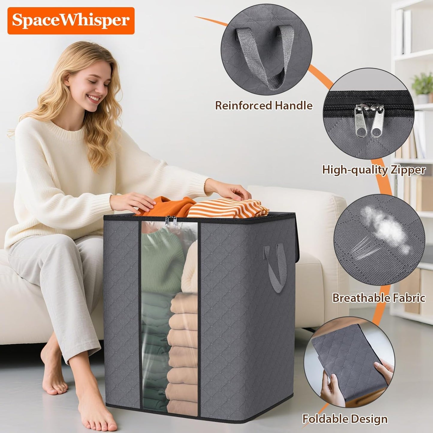 SpaceWhisper 3 Pack 100L Clothes Storage, Foldable Thick Fabric Blanket Storage Bags, Containers for Organizing Bedroom, Closet, Clothing, Comforter,Closet Organization with Handle,Grey