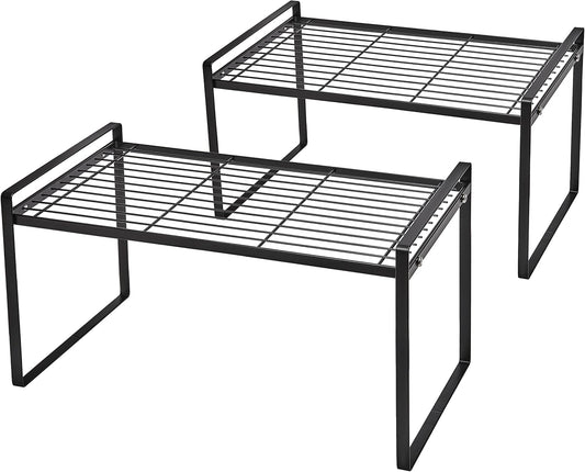 2Pack Cabinet Shelf Organizer Storage Rack Space Saving for Kitchen Counter Pantry Bathroom Cupboard Under Sink Office Table Steel Stackable Rust Resistant Heavy Duty Nonslip 16” Black - Tall