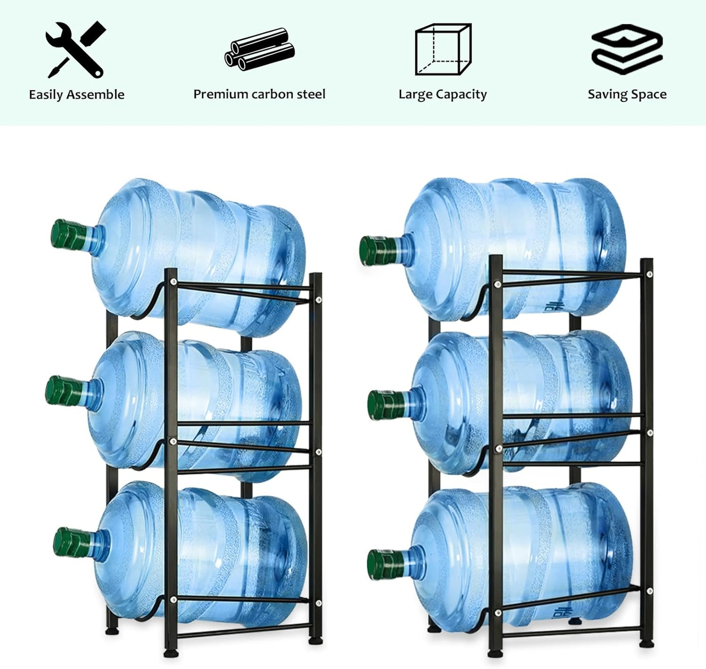 smusei 5 Gallon Water Bottle Holder 3 Tier Water Cooler Jug Rack Shelf Organizer Detachable Heavy Duty Kitchen Water Bottle Storage Rack for Home, Office, Black