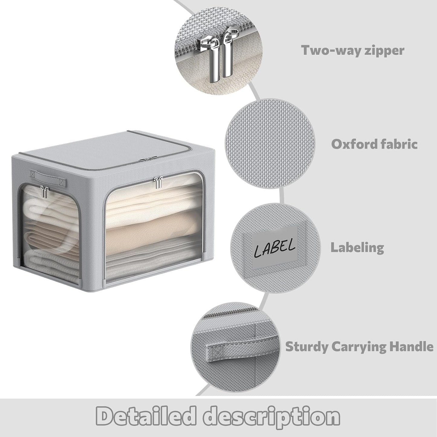 3Pack Clothes Storage Bins - Oxford Frame Storage Box Foldable Stackable Storage Organizer with 3 Openings Design, Metal Frame, Clear Window, Carry Handles (66L-19.7 * 15.7 * 13, Grey)
