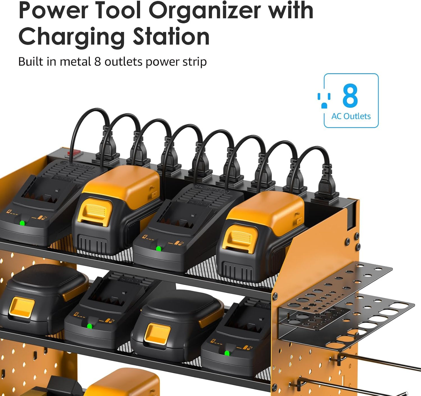 CCCEI Modular Pegboard Rack Power Tool Organizer with Charging Station. 4 Layer Wall Mount Drill Holder, Yellow Tool Battery Charger Organizer. Garage Shop Storage Utility Shelf with 10FT Power Strip