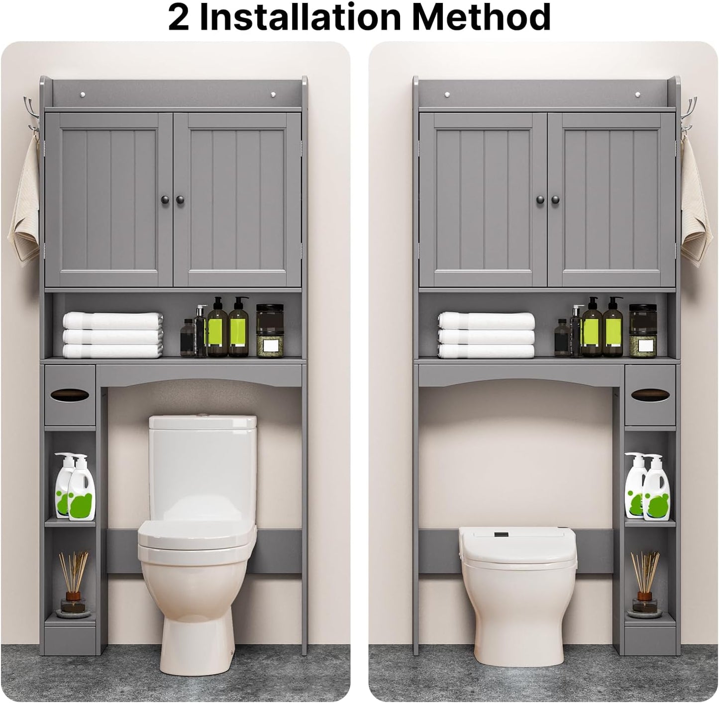 Ahomly Over The Toilet Storage Cabinet, 32.3" W Over Toilet Bathroom Organizer with Doors, Adjustable Shelves, Toilet Paper Holder, 2 Side Hooks, Space-Saver for Bathroom, Laundry, Grey