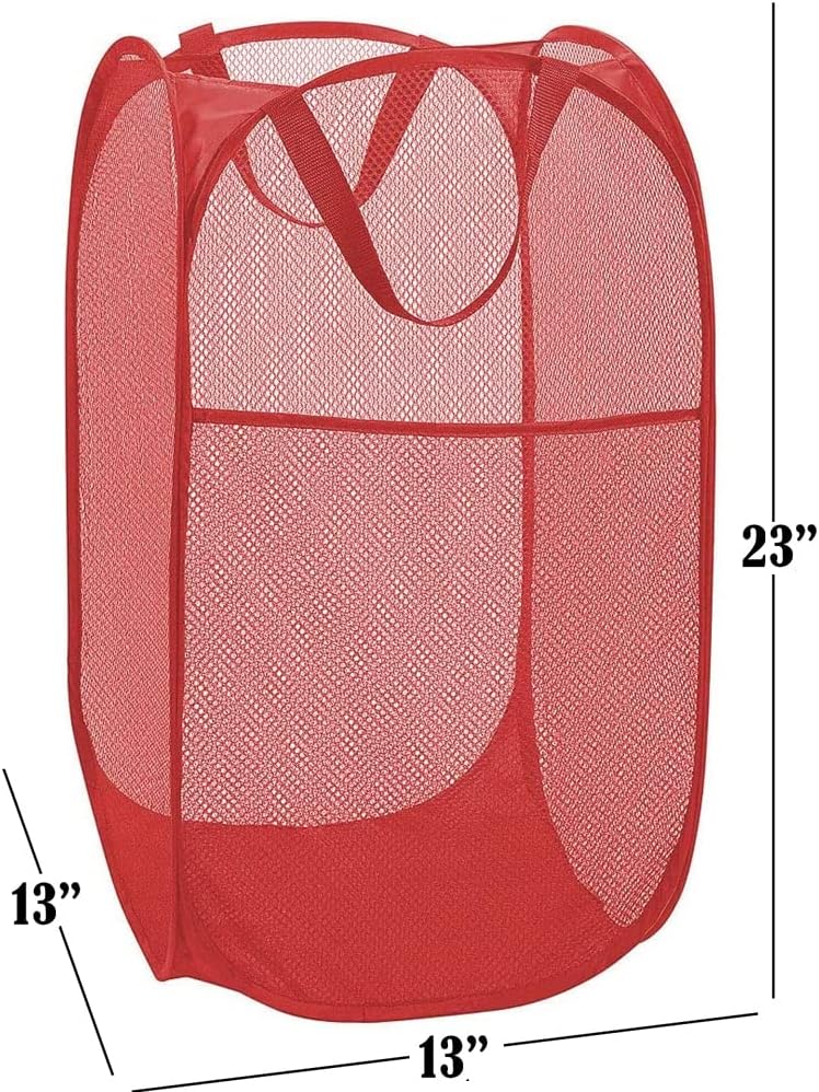 BATTOO Deluxe Strong Mesh Pop up Laundry Hamper Basket with Side Pocket for Laundry Room, Bathroom, Kids Room, College Dorm or Travel Red