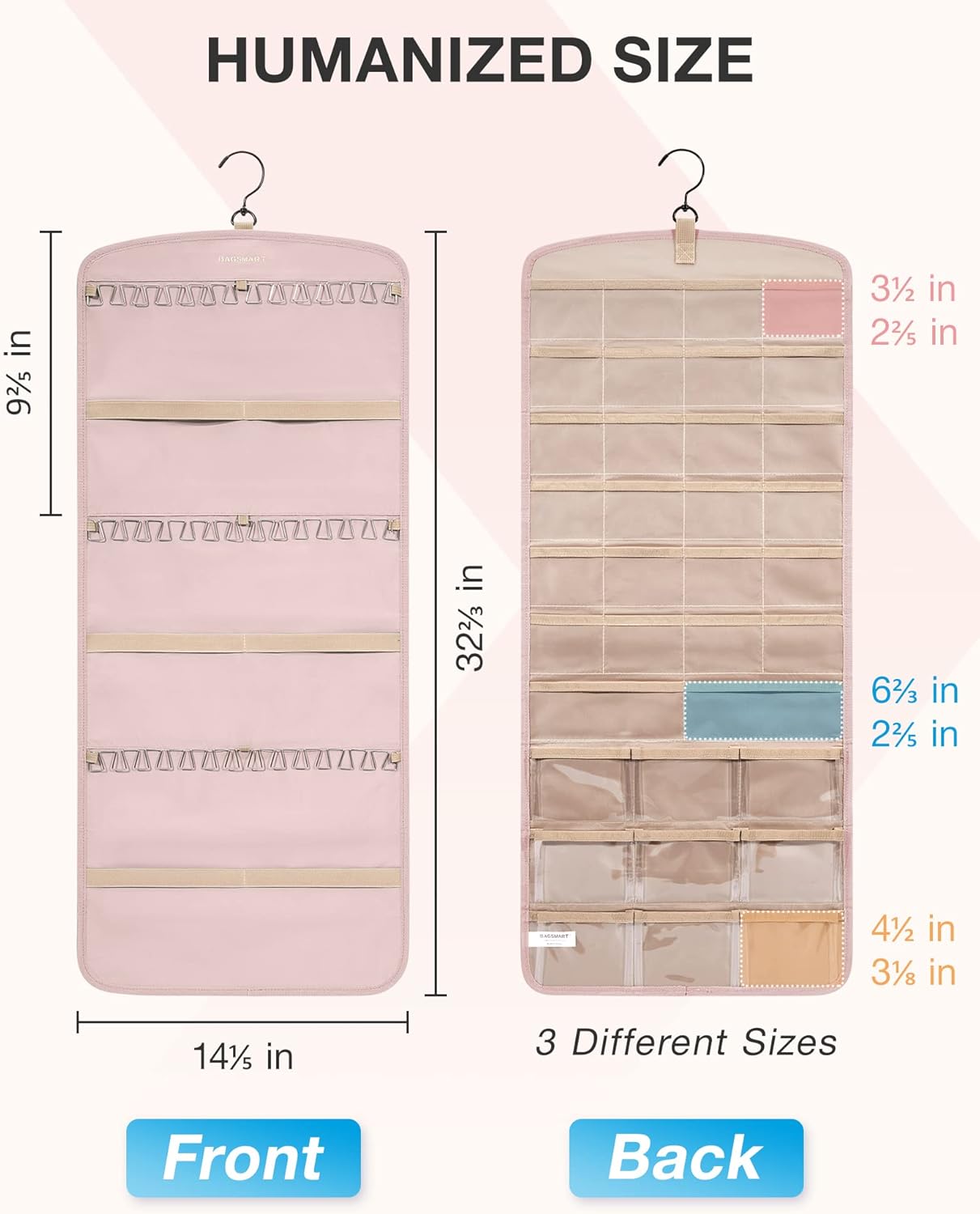BAGSMART Hanging Jewelry Organizer, Necklace Holder Anti-tangle Earrings Rings Hanger with 20 Jewelry Bags Travel Storage Roll with Pockets Hang on Closet, Wall, Door,1 Piece, Large Pink