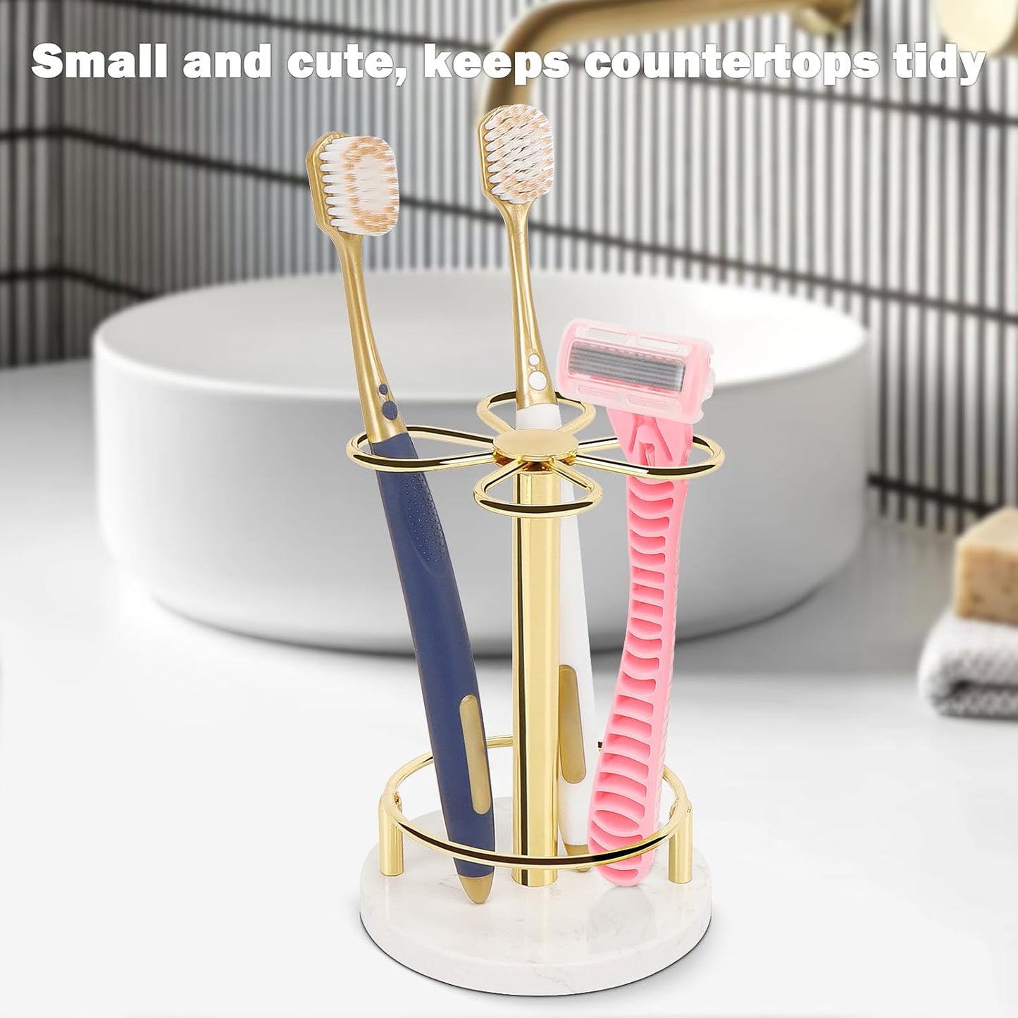 HarJue Toothbrush Holder Stand for Bathroom, Metal Toothbrush Organizer with Marble Base, Toothbrush Storage Collection for Family, Suitable for Home Hotel Countertop Vanity (Small, Gold)