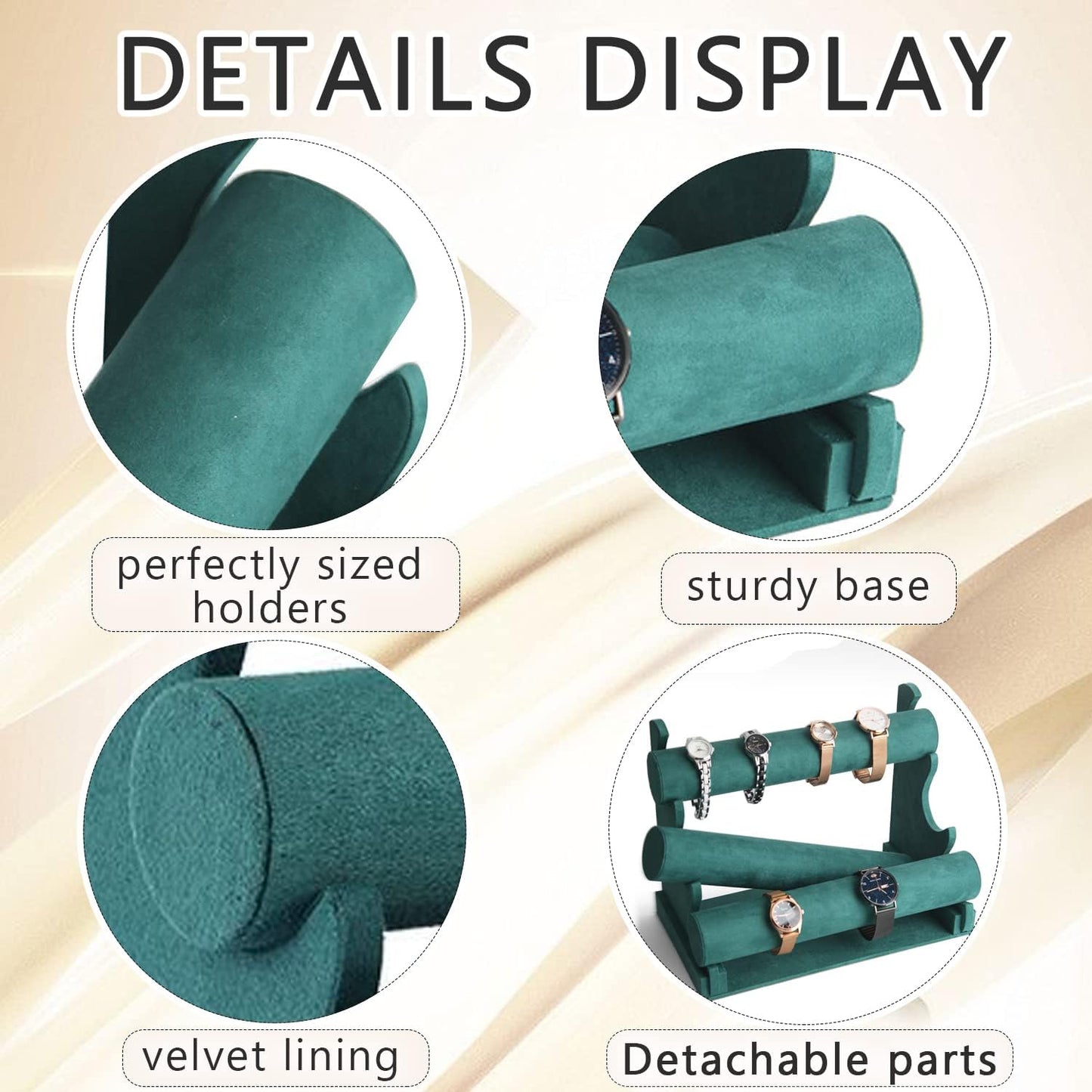 Barelove Velvet Bracelet Holder with 3 Tier Rack, Green T-Bar Storage Organizer Detachable Display Stand for Necklace Watch Bangles Bracelets Scrunchies Organization Showcase