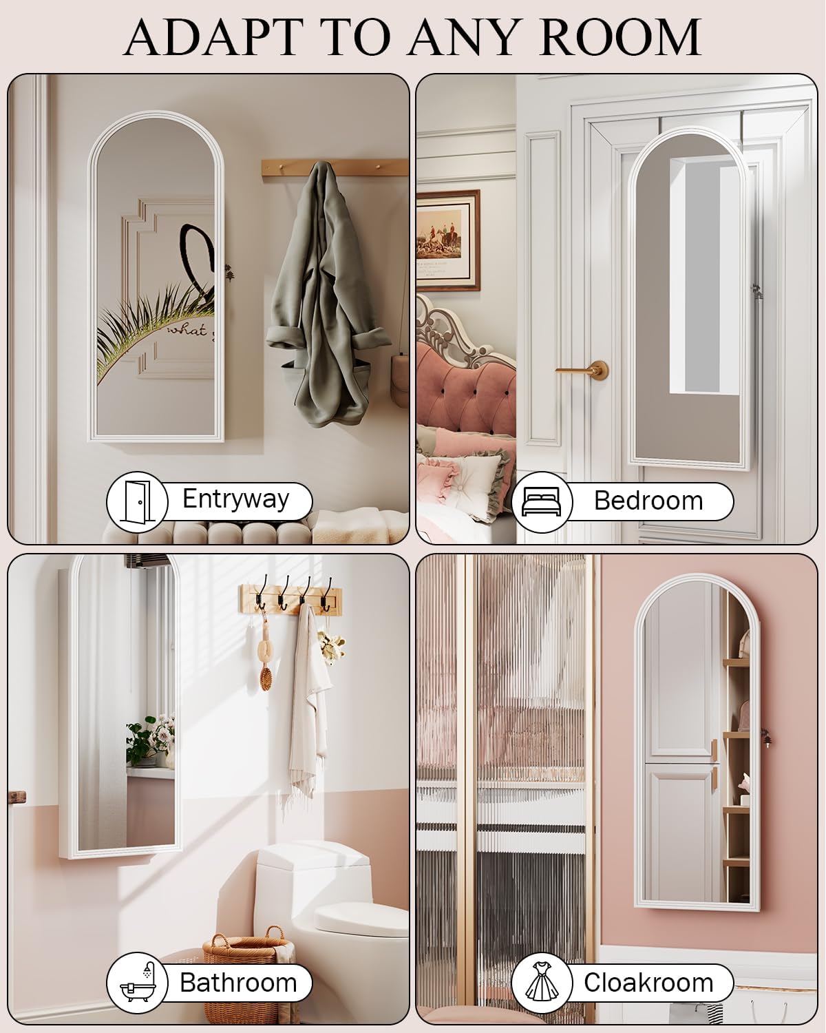 Jewelry Cabinet Organizer with Mirror, 47 inch Lockable Full-Length Mirror Jewelry Armoire Hanging Door/Wall Mounted with 6 LEDS, Arched Framed Mirror Cabinet with Storage, Gift for Women, White