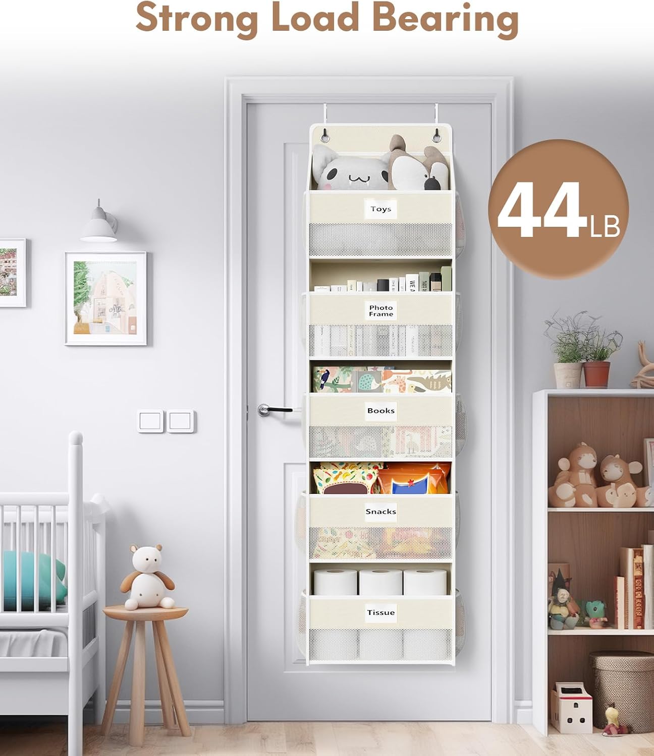 Over The Door Organizer Hanging, 5 Shelf Behind The Doors Storage, Pantry Door Organizer, Closet Organizers for Bedroom and Nursery (Beige)