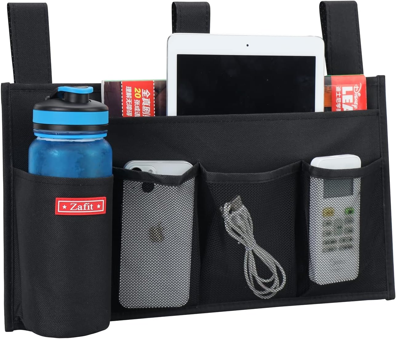 Hanging Bedside Caddy, Bedside Storage Organizer for Magazine, Phone, Remote control (5 Pockets-Black)