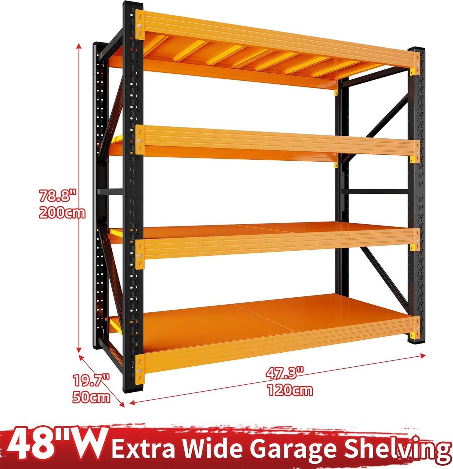 4000LBS Garage Shelving 48" W Garage Shelving Heavy Duty 4-Tier Metal Storage Shelves Adjustable Shelf Unit Storage Rack for Basement Supermarket Warehouse 48" W x 20" D x 78" H Black-Orange