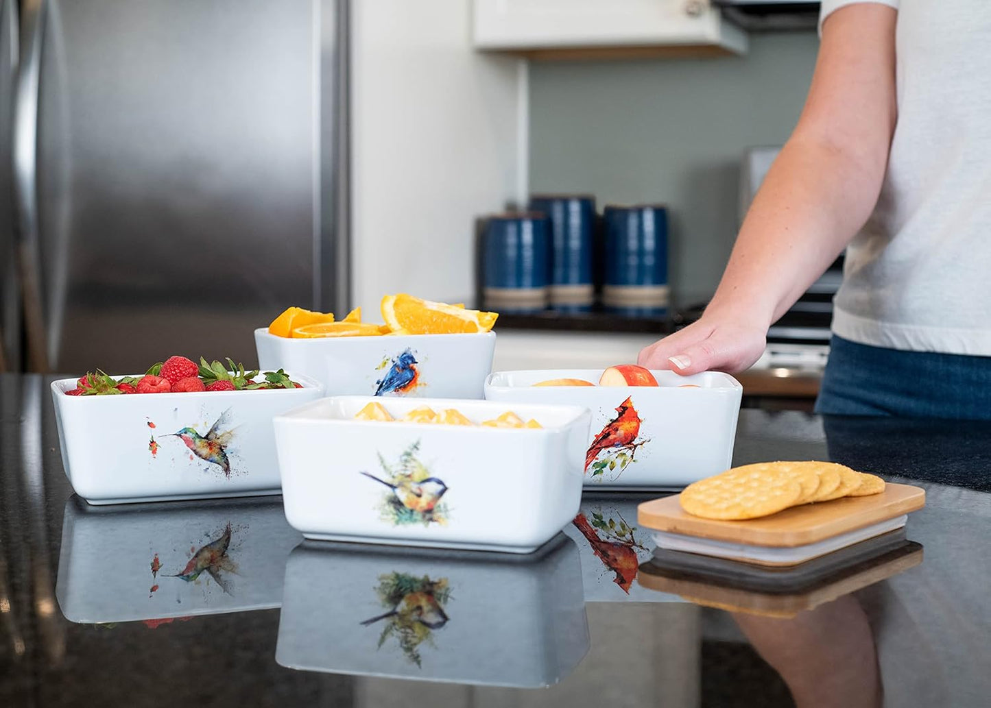 Nat & Jules Dean Crouser Ceramic Stoneware 1/2 Pound 2 Sticks Butter Dish Airtight Bamboo Lid Kitchen Accessory, Container Holder, Refrigerator Storage, Countertop Organization, Watercolor Hummingbird