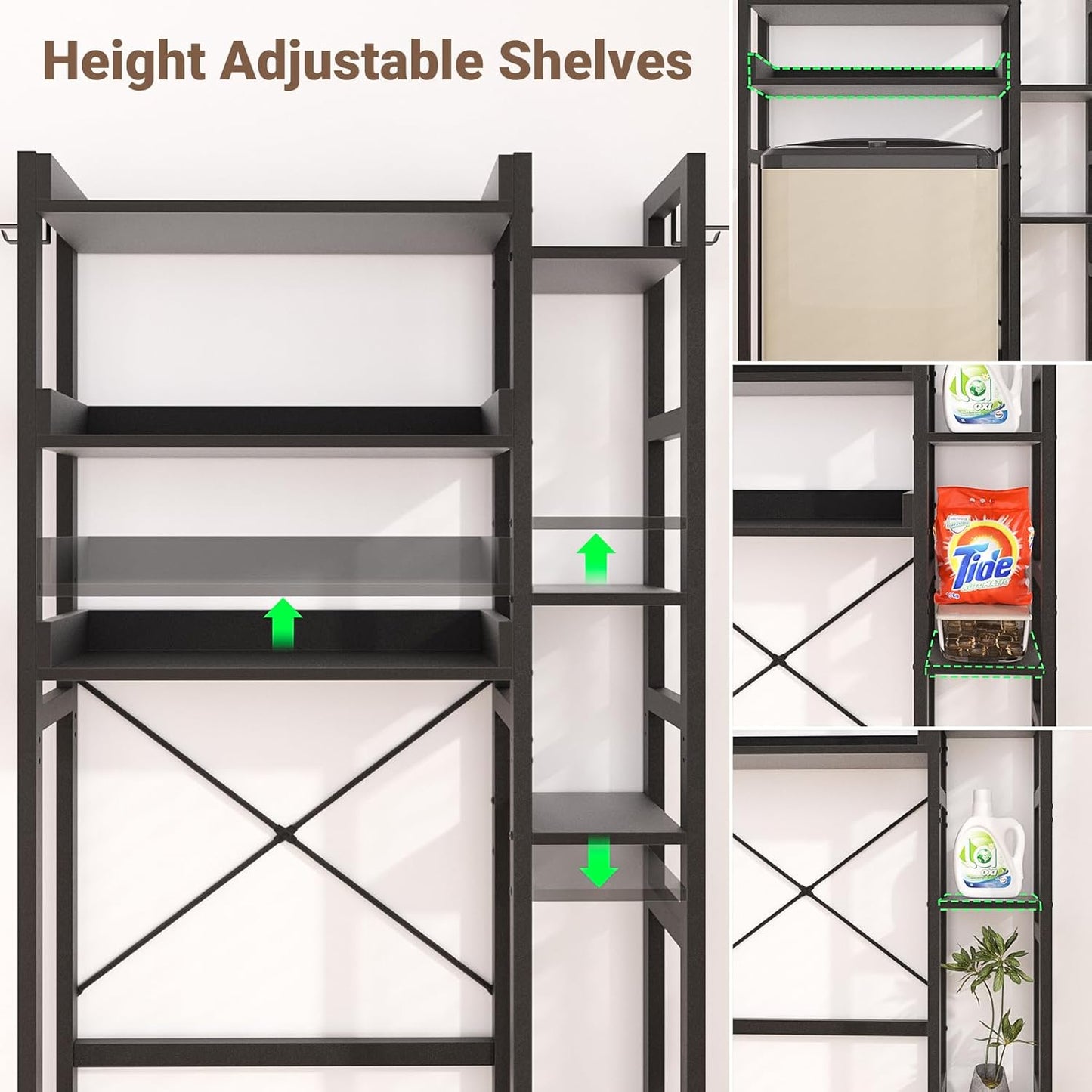 Over The Toilet Storage with 2 Drawers - 7 Tier Bathroom Organizer with Adjustable Shelf, Freestanding Space Saver Storage Rack Above Toilet Stand with 4 Hooks for Restroom, Laundry, Black