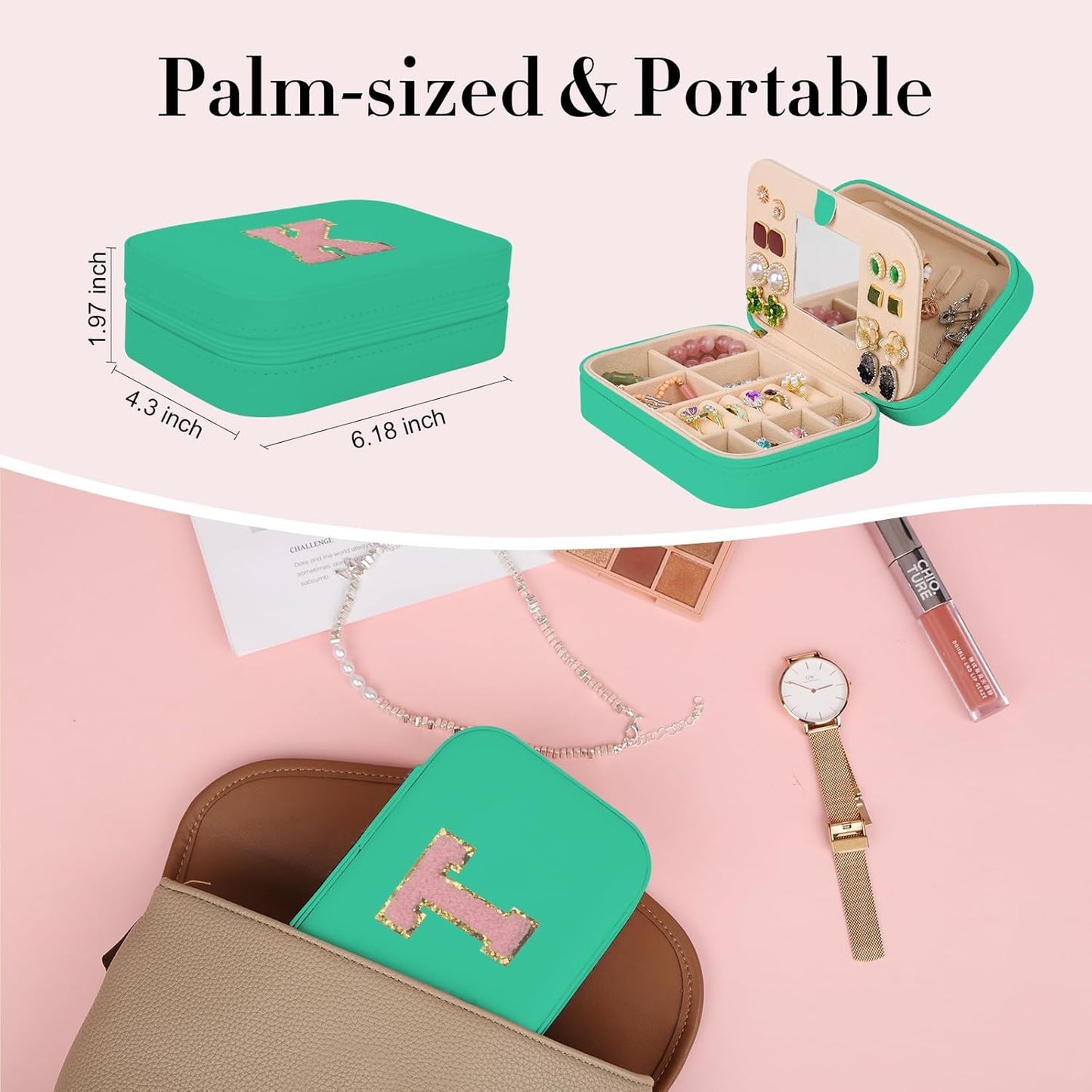 TopPerfekt Travel Jewelry Case, Jewelry Box with Mirror, Jewelry Organizer Bridal Shower Gifts to Her, Earring Storage Travel Case, Trendy Gift for Women and Girls, Girlfriend-Letter T, Green