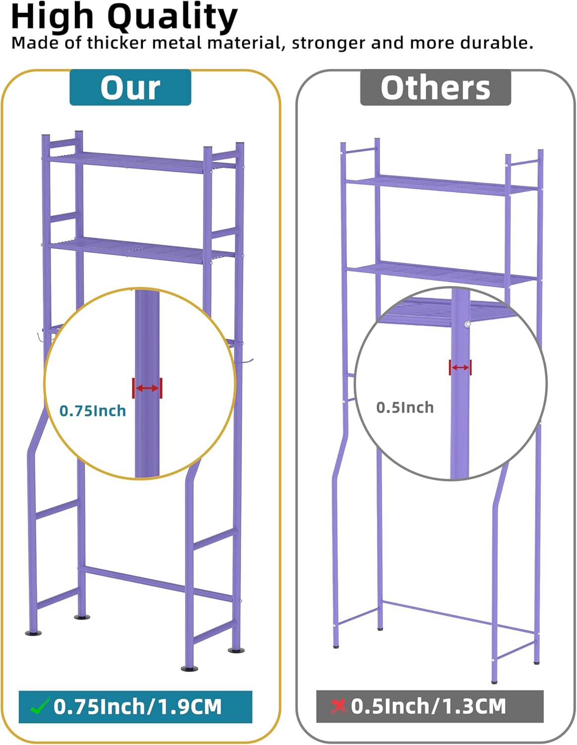 3-Tier Over The Toilet Storage, Freestanding Metal Bathroom Shelves with 4 Hooks, Over Toilet Storage Shelf with Paper Holder, Above The Toilet Shelf for Bathroom Storage, Purple