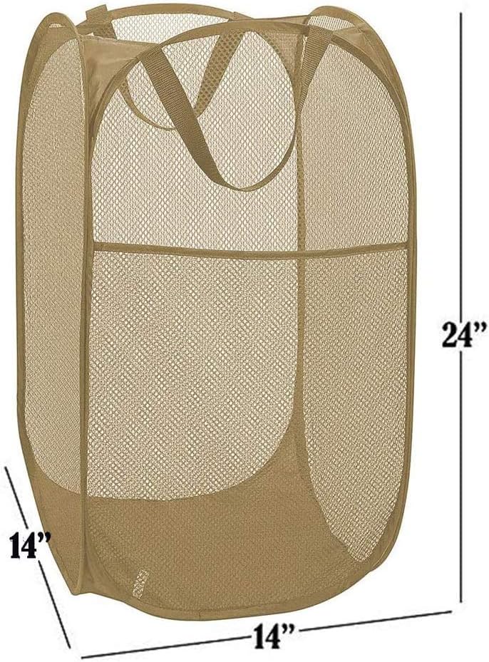 Larpur Popup Mesh Laundry Basket, Collapsible and Portable Clothes Washing Laundry Hamper with Reinforced Carry Handle (Beige)