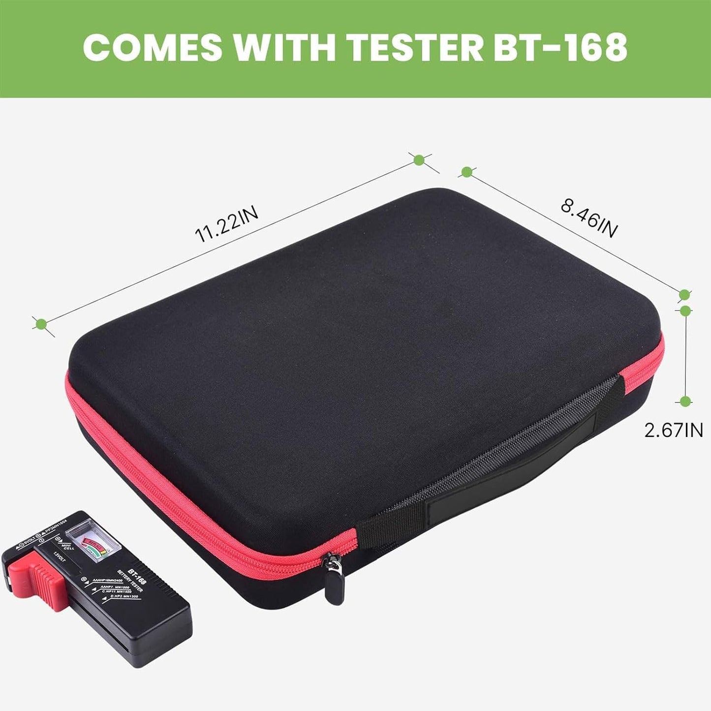 ALKOO Battery Organizer Storage Holder Case Box with Tester Checker BT-168. Holds 136+ Batteries AA AAA C D Cell 9V 3V Lithium (Red)