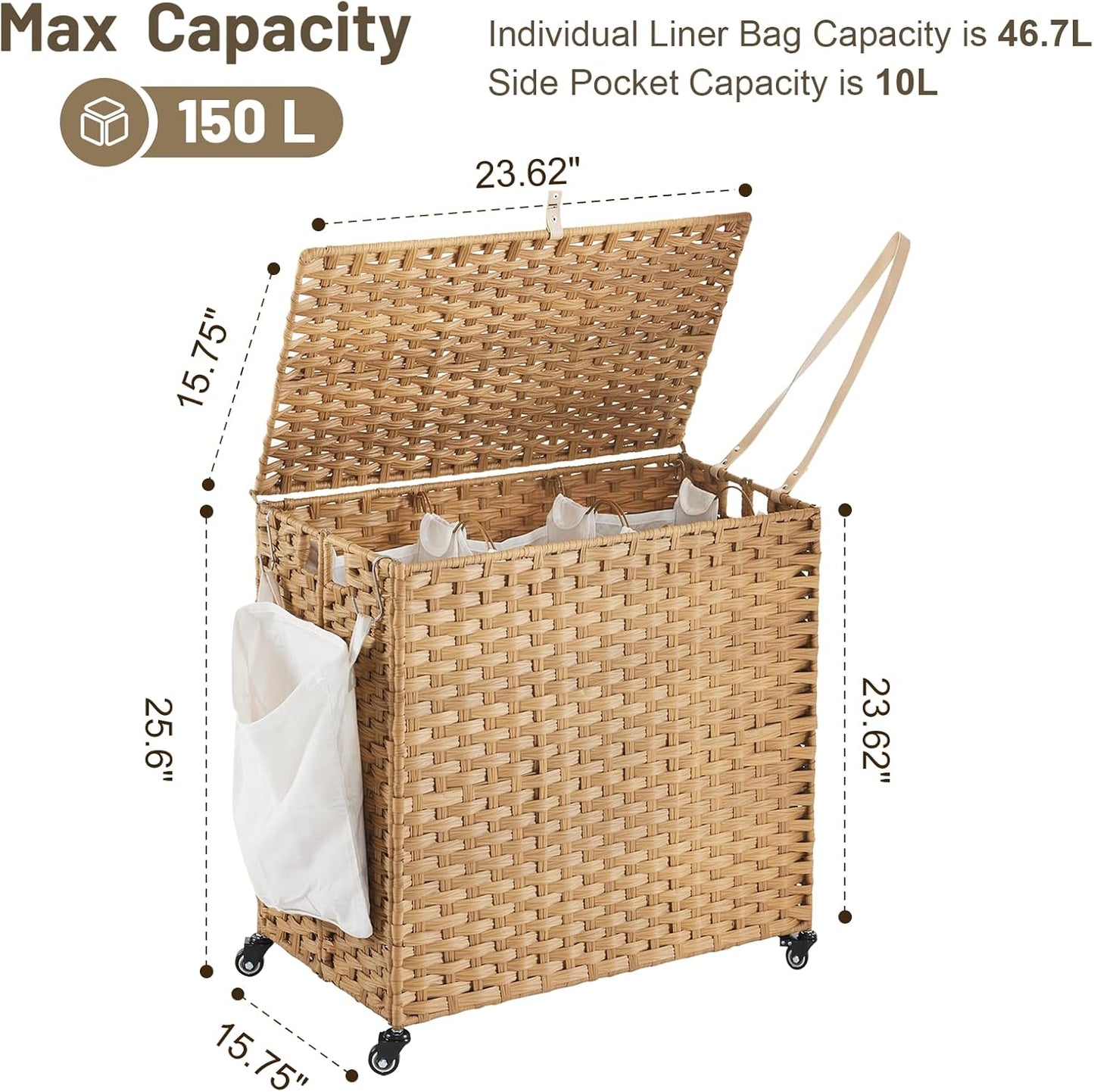 Laundry Hamper with Wheels, 39.6 Gallon(150L) Rolling Laundry Basket with Lid, 3-Section Rattan Clothes Hamper with 3 Removable Liner & 3 Mesh Bags, Laundry Sorter with Side Pocket, Natural