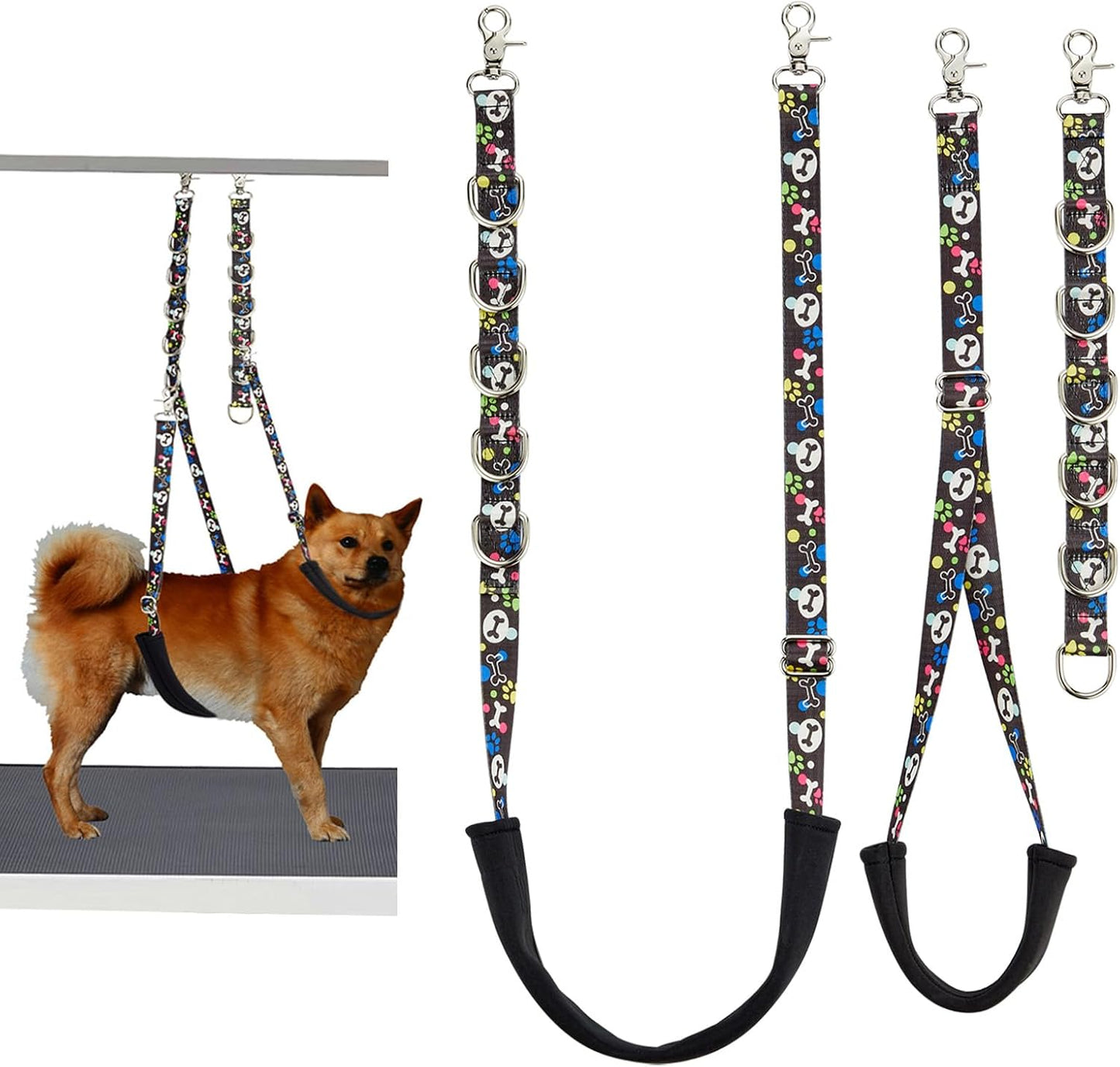 Dog Grooming Belly Straps – Adjustable Grooming Loops with Cute Paw & Bone Pattern – Pet Grooming Belly Support Band Table Accessories Restraint Noose for Small to Large Dogs(Black)