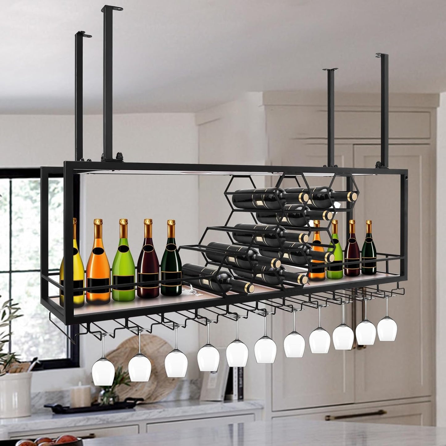 Metal Hanging Wine Rack Hanging Organizer Ceiling Bar Wine Glass Rack with Glass Holder and Shelf Multi Functionl Wine Bottle Holder Organizer, for Bar Cafe Kitchen