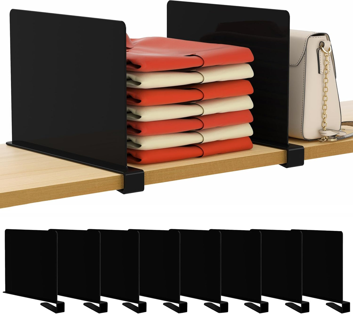 HBlife 8 Pack Black Shelf Dividers, Vertical Purse Organizer for Closet Perfect for Sweater, Shirts, Handbags in Bedroom and Kitchen, Adjustable Acrylic Bookshelf for Organization