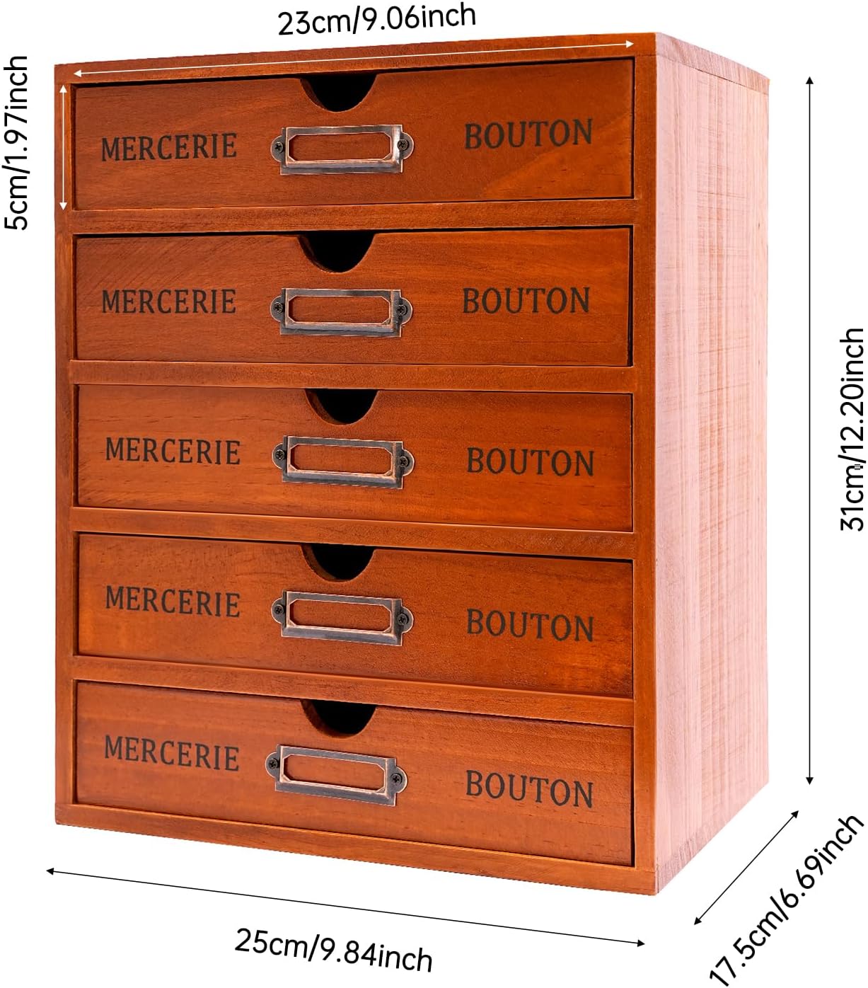 Vintage 5-Drawer Wooden Desk Organizer, Apothecary Cabinet & Library Card Catalog Storage Box, Rustic Freestanding Desktop Organizer for Stationery Crafts Jewelry Office Home Supplies (Brown)
