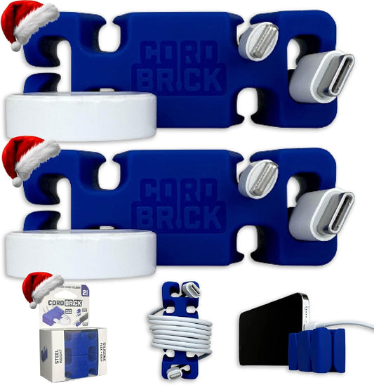 CordBrick Stocking Stuffers for Adults Cord Management Weighted Cord Holder Cable Wrap Phone Stand - Multiuse Gadget Organizer for Nightstand, Desk. Gift for Men, Durable Silicone. 2pk Blue