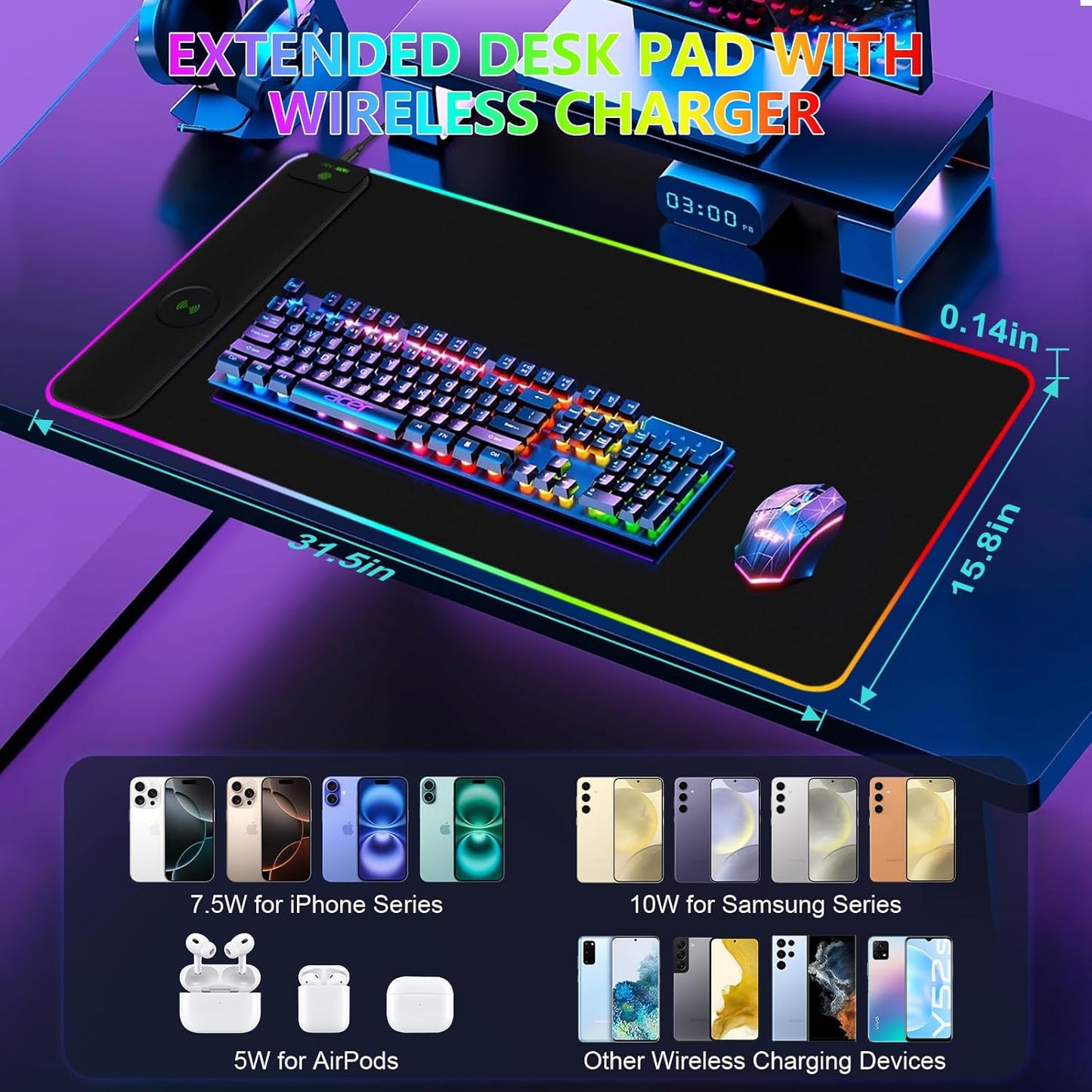 Magnetic Wireless Charging RGB Mouse Pad, 31.5'' x 15.8'' Large LED Gaming Desk Mat, 24 Light Effects, Non-Slip Rubber Base, Waterproof Ultra-Smooth Surface