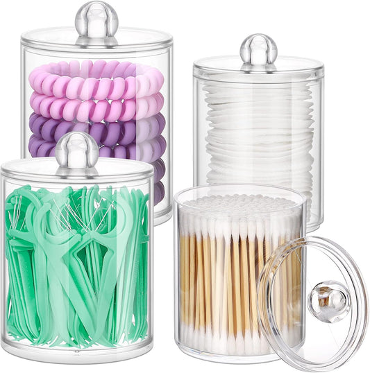 ME.FAN Qtip Holder Dispenser - 4 Pack 10oz, 12oz Clear Plastic Apothecary Jars Set - Restroom Bathroom Makeup Organizers Containers for Cotton Ball/Swab/Round Pads, Floss, Hair Ties, Bath Salt
