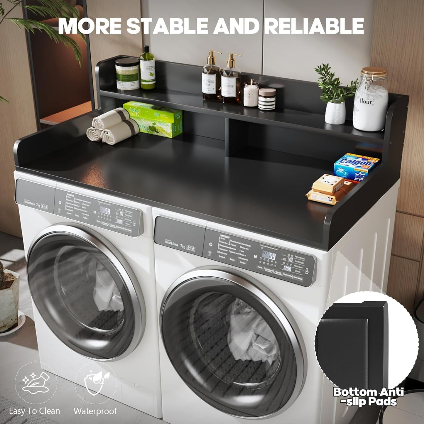 2-Tier Washer and Dryer Countertop with 2.75" H Guard,54" W x 27.5" D Laundry Countertop Cover with Non-Slip Pad,Large Space Laundry Topper for Folding Clothes Over Washer and Dryer-Black