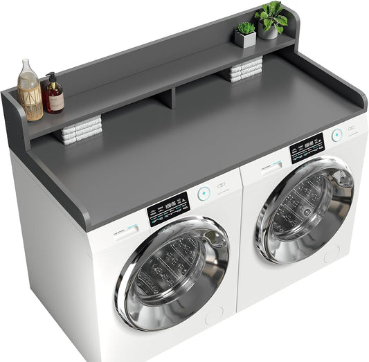 2-Tier Washer Dryer Countertop with 2.75" H Edge Rails, 58" W x 28" D Laundry Countertop for Folding Clothes, Washer and Dryer Topper with Non-Slip Pad (Gray)