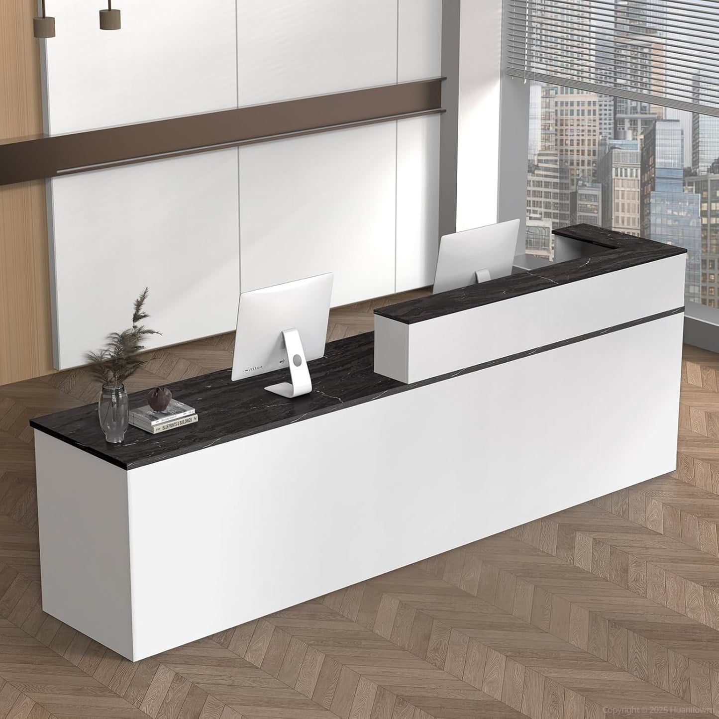 L Shape Reception Desk with Counter, Lockable Drawer, Keyboard Tray, and Double-Layer Storage for Salon, Office, or Clinic (White+Black/Left, 71" L*24" W*39" H)