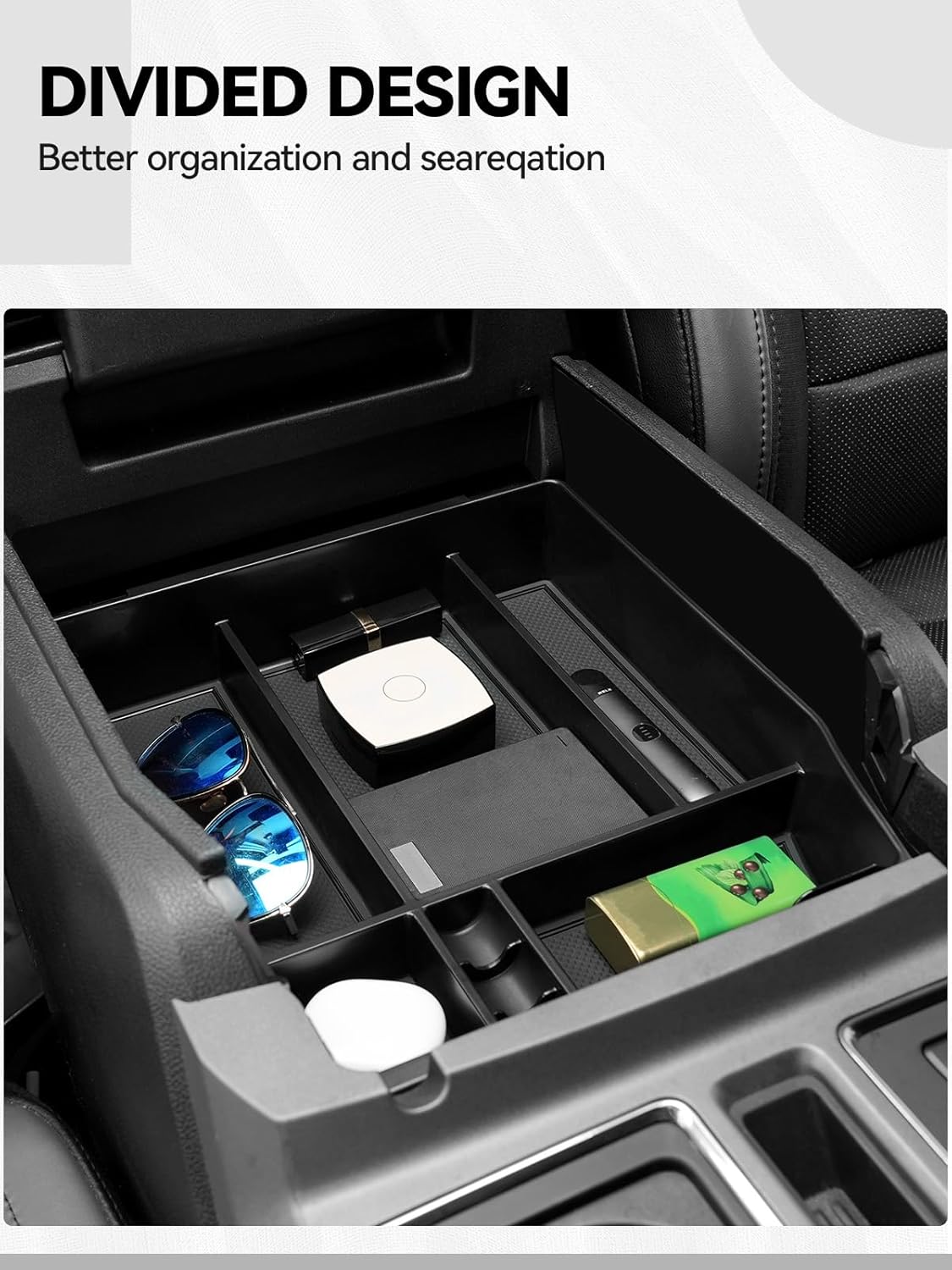 ELECFRESH 2PCS Center Console Organizer for 2024 2023 2022 2021 Ford F150 Accessories, Armrest Storage Box and 16-Compartments Divider for Ford F150