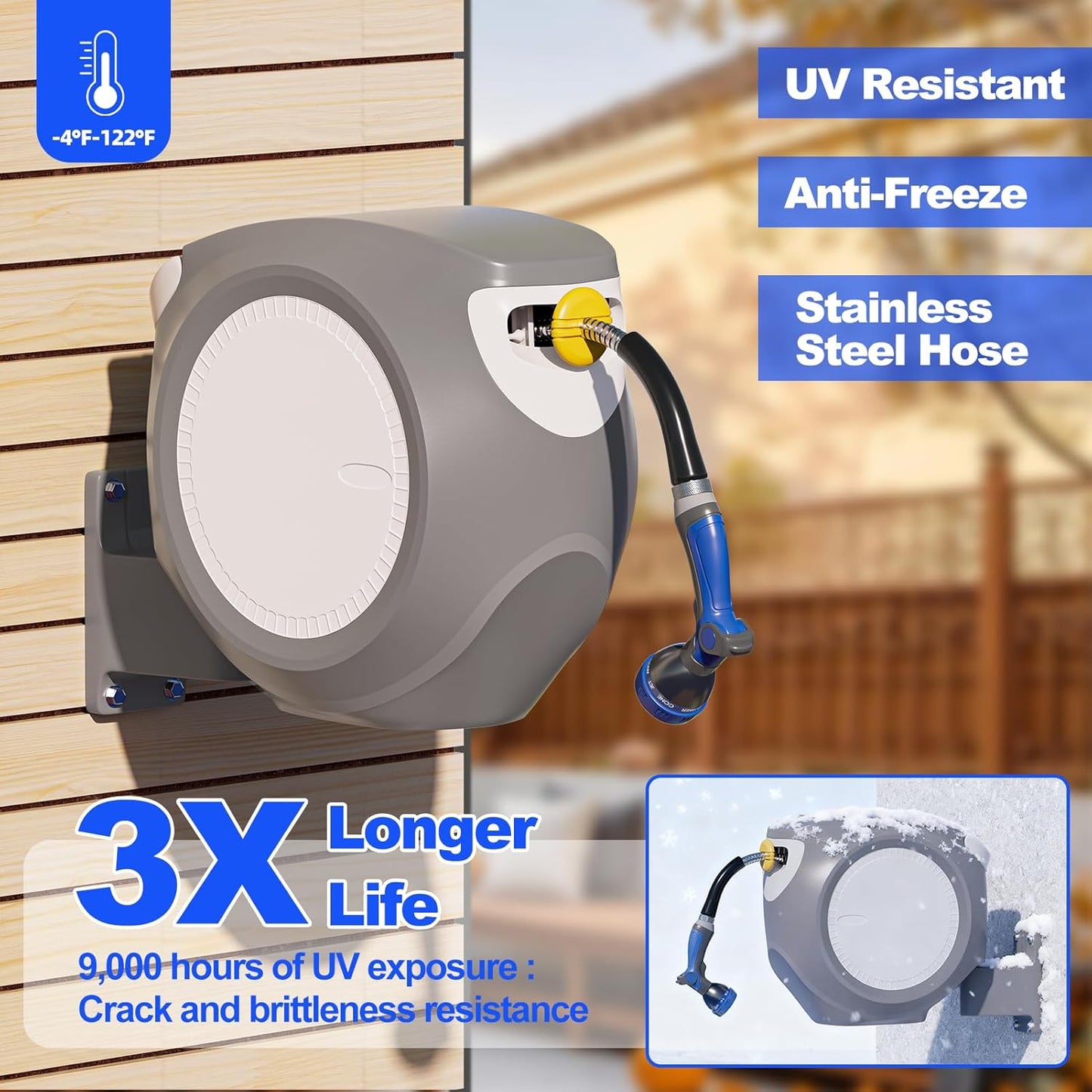 SPECILITE Retractable Garden Hose Reel 65 FT 1/2", 304 Stainless Steel Water Pipe, 3x Life, Leak-Proof, UV & Freeze Resistant, Automatic Rewind & Any Length Lock, Wall Mount Hose Reels for Outside