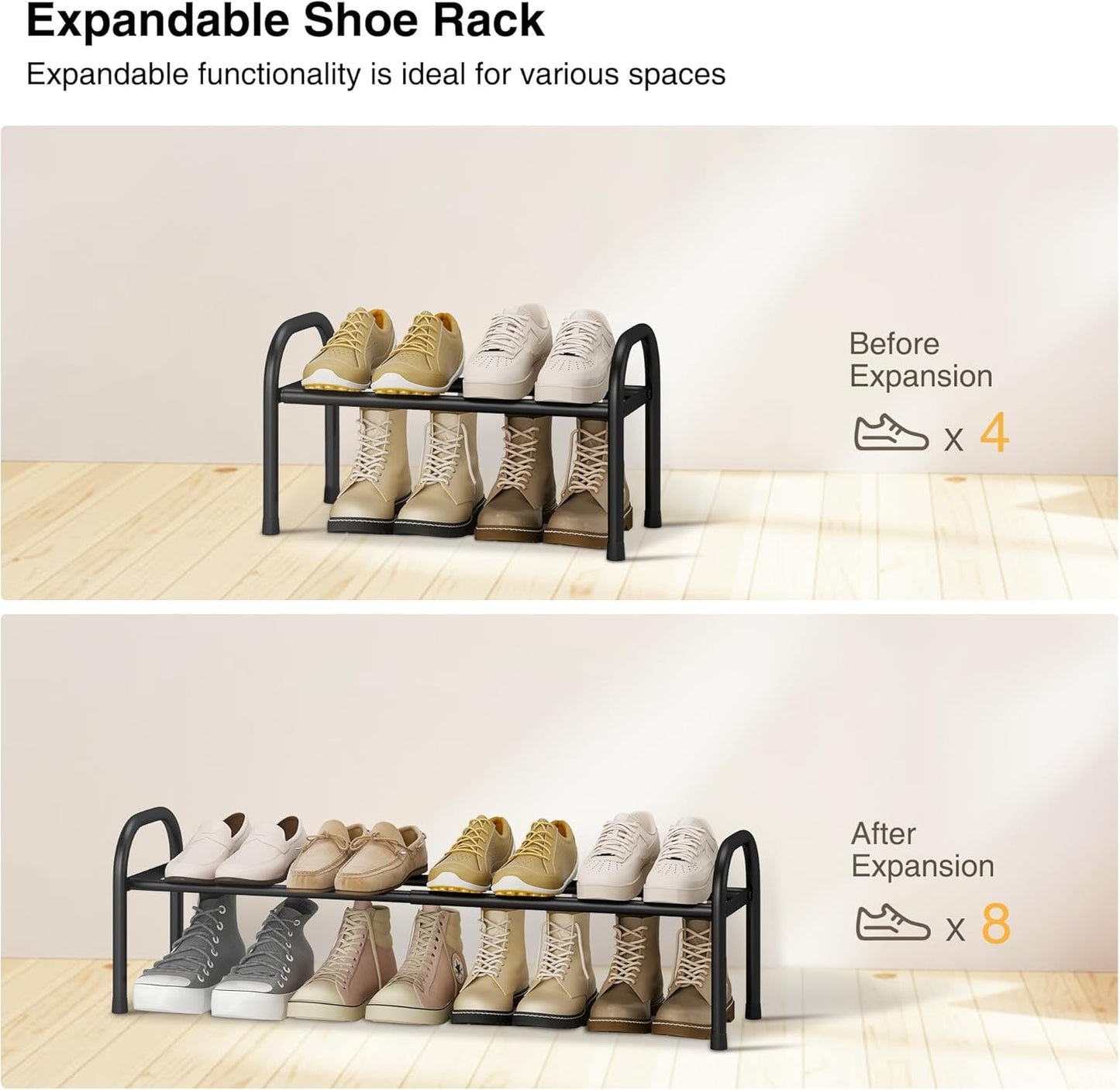 STO STO Expandable Shoe Organizer, 1-Tier Metal Shoe Rack for Closet, Up to 8 Pairs Adjustable Storage for Front Door Entrance, Free Standing Organizer for Entryway, Black