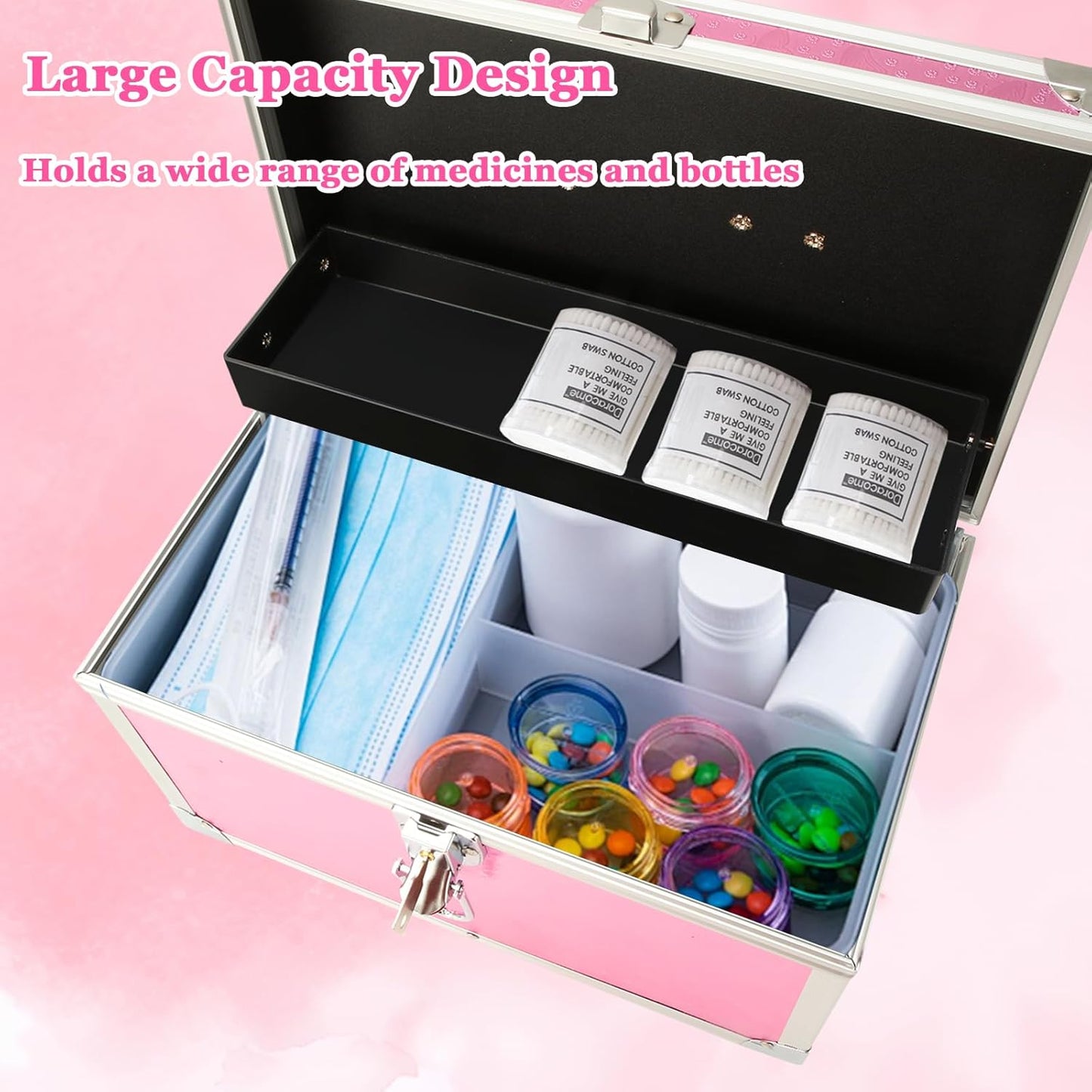 12 x 7 x 7.5 Inch Medication Lock Box with Key, Locking Box with Portable Storage Case, Security Lock Boxes Medicine Storage Box for Cash, Medicine, Documents and Valuables - Pink