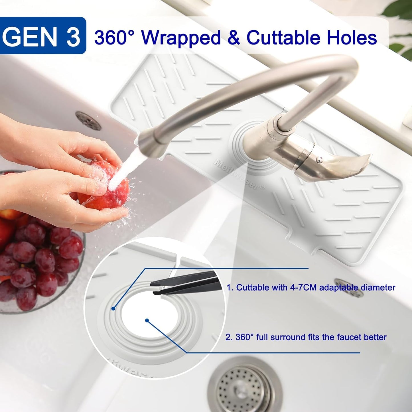 Meiliweser Silicone Faucet Mat for Kitchen Sink – Gen 3 10° Slope Splash Guard with Cuttable Hole – 14” x 5.5” Drip Catcher & Sponge Holder for Kitchen, Bathroom (Gray)