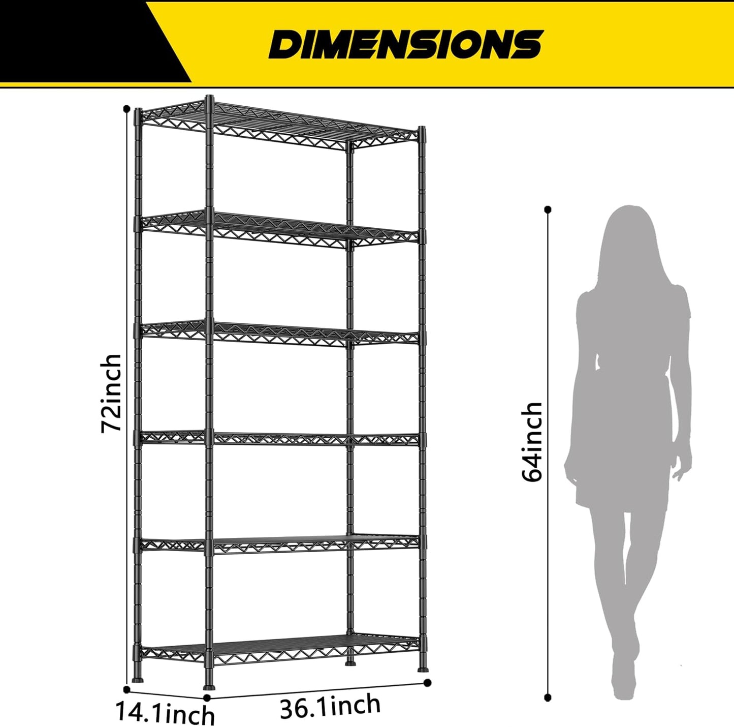 GIOTORENT 6-Wire Garage Shelving Storage Shelves, Metal Shelf Organizer 2100Lbs Capacity, Kitchen Storage Adjustable Shelf for Laundry Bathroom Pantry Closet, Black 36.2''W x 14''D x 72.4''H