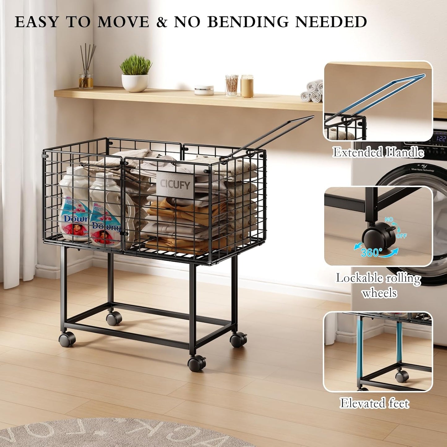 Wire Laundry Hamper, 80L Rolling Laundry Basket Cart on Wheels, Dirty Clothes Basket with Handle, Metal Clothes Hamper Organizer for Laundry Room, Bathroom, Bedroom, Dorm, Black