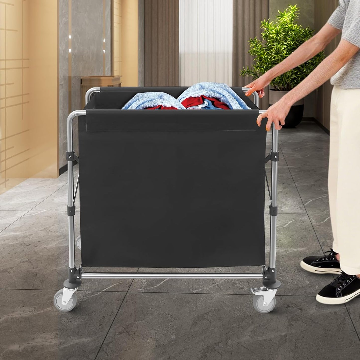 Commercial Laundry Cart with Wheels,Folding Laundry Hamper Cart,Heavy Duty Rolling Laundry Basket with Large Capacity,Laundry Sorter Trolley for Home Hotel Apartment (Black, 34.25 * 19.7 * 36.22in)