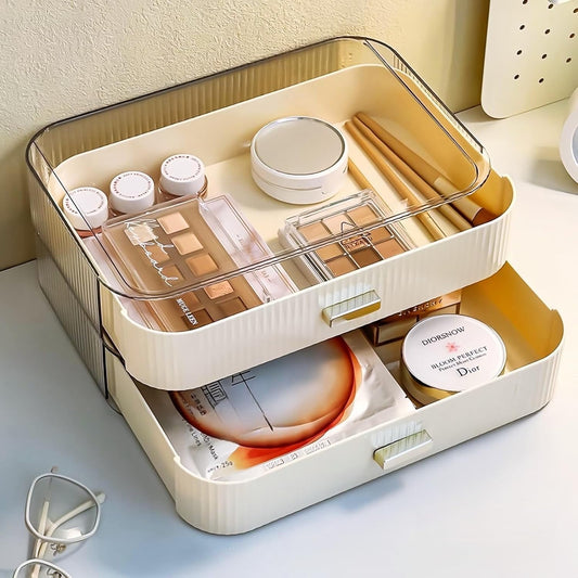 2 Pack Stackable Makeup Organizer with Drawers, Bathroom Storage for Eyeshadow Palettes, Cosmetics, and Beauty Supplies. Ideal for Vanity Counter, Cabinet, Entryway Table, Desk
