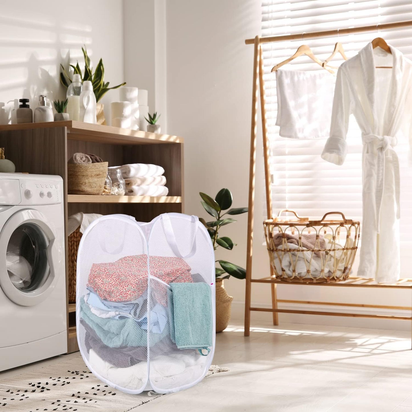 BATTOO Deluxe Strong Mesh Pop up Laundry Hamper Basket with Side Pocket Foldable Hamper for Laundry Room, Bathroom, Kids Room, College Dorm or Travel White + White
