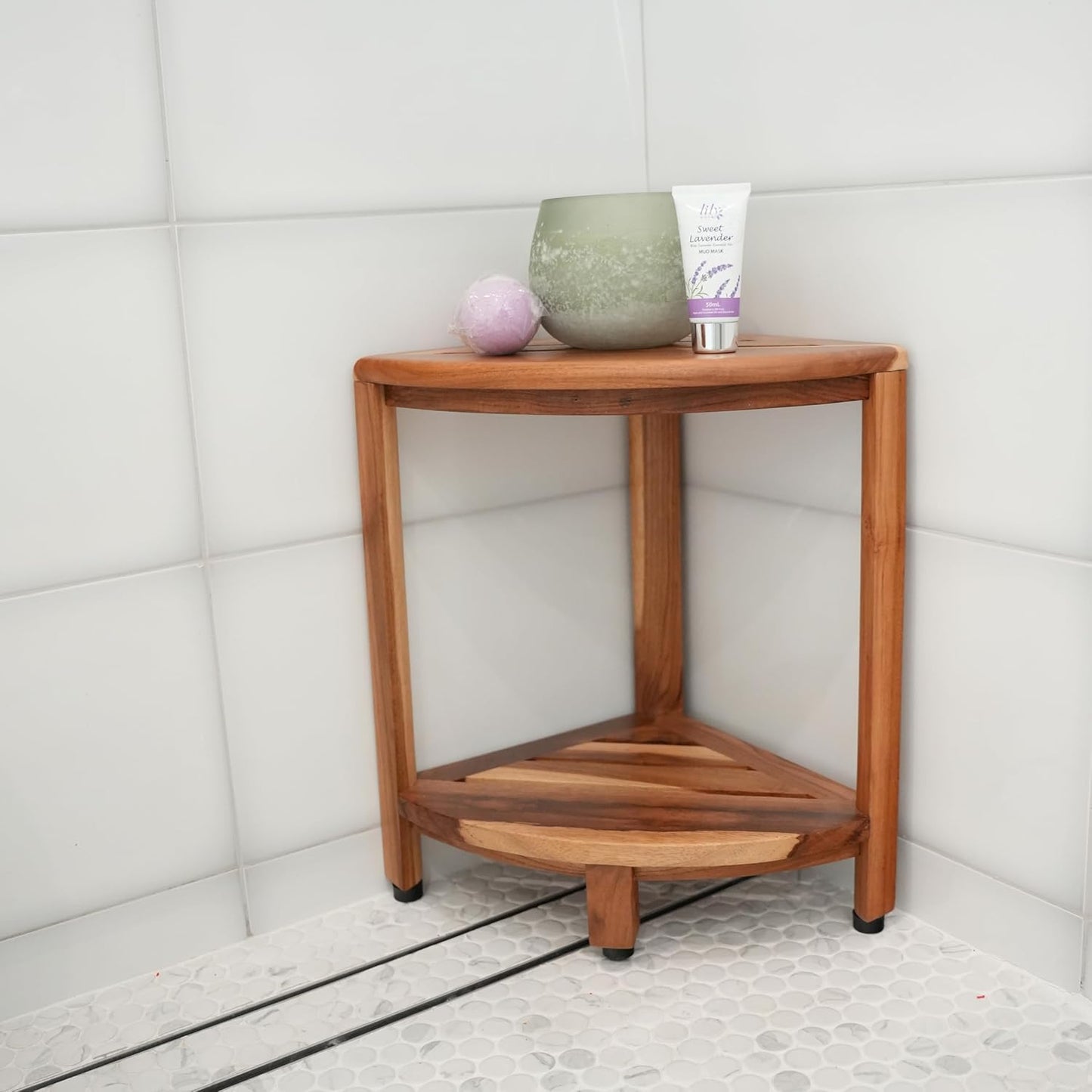 EcoDecors SnazzyCorner 18" Teak Wood Corner Shower Shelf, Fully Assembled | Loveable Four Pack Bundle